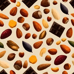 Wholesome pattern shows nuts and dark chocolate, perfect for culinary projects or snack packaging, adding a delicious and healthy vibe with almonds, hazelnuts, and fruity dried treats.