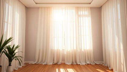 Sunlight streams through sheer white curtains, illuminating a bright room,   interior photography,  minimalist