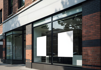 A modern storefront with blank posters, ideal for advertising, featuring large glass windows and red brick.