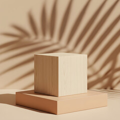 Wooden cube on a pedestal with palm leaf shadows, perfect for product presentation.