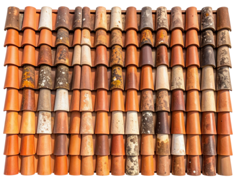 Top-Down View of Weathered Terracotta Roof Tile Grid with Rustic Texture, Transparent PNG