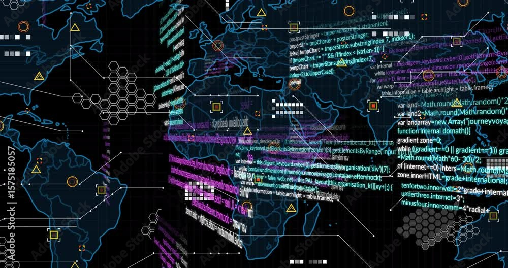 Poster dark-screen starting neon-blue map appearing code streaming icons materializing visualizing data