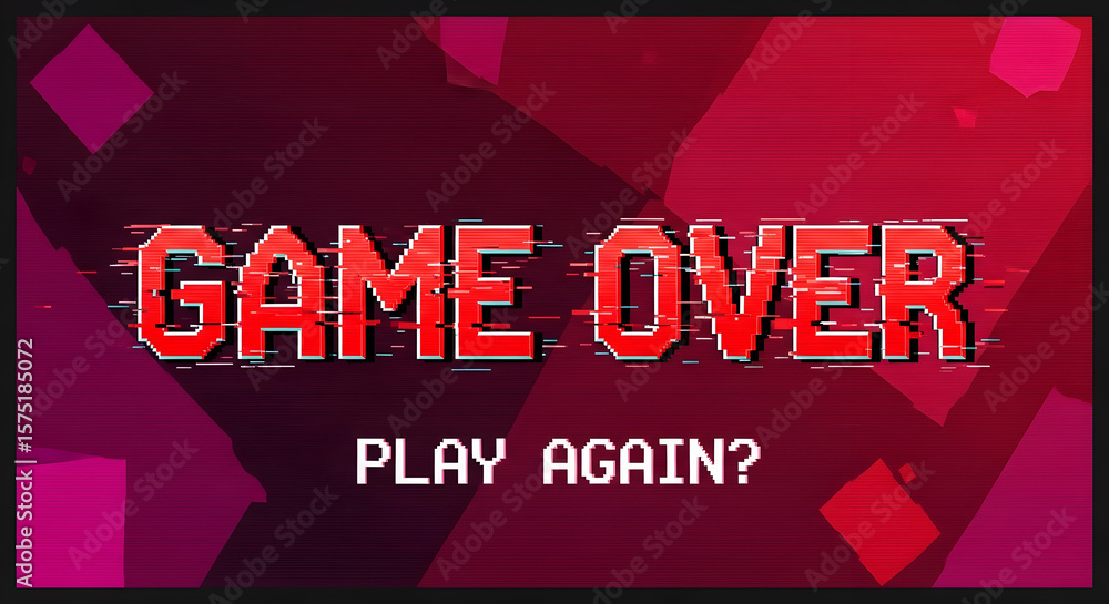 Fototapete retro style red glitch game over screen with play again text on dark background