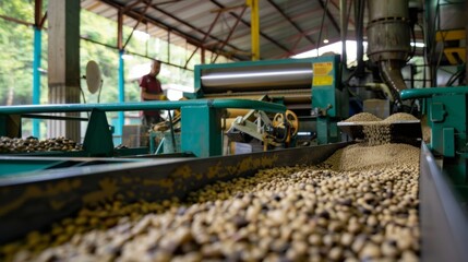In the background large machines hum as they sort the beans by size using advanced technology to ensure consistency.