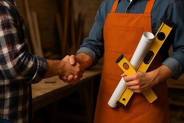 Two skilled craftspeople shake hands in a workshop, showing agreement, trust, and cooperation.