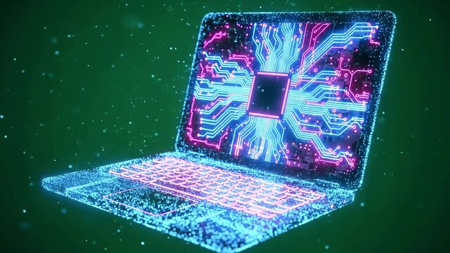 Futuristic laptop design with glowing circuits and digital effects on a green background
