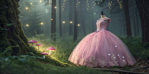 A sparkling pink ball gown princess dress for girls in a magical forest with glowing mushrooms and fairy lights, ultra-HD.
