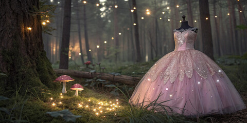 A sparkling pink ball gown princess dress for girls in a magical forest with glowing mushrooms and fairy lights, ultra-HD.
