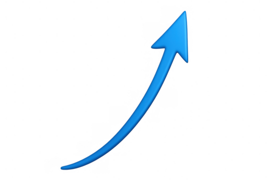 Blue three-dimensional arrow curving upwards, symbolizing growth, progress, and positive trend on a transparent background