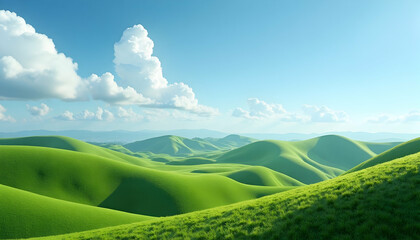 Rolling Green Hills Under a Bright Blue Sky with Fluffy Clouds