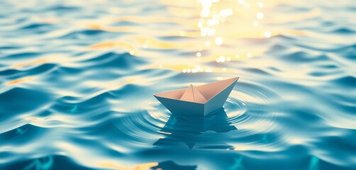 Tiny origami paper boat afloat on rippling blue seawater, sunlight reflecting,  paper boat,  holiday
