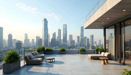 City Rooftop Terrace with Modern Furniture and Skyline View at Sunrise