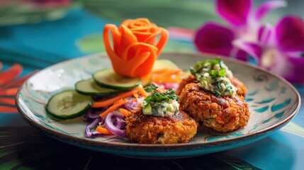 A plate of Thai Fish Cakes with cucumber relish, garnished with a carved carrot rose