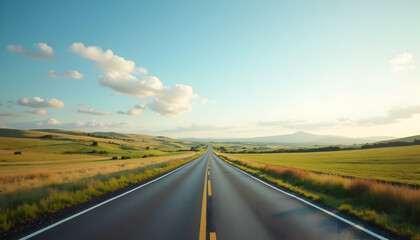 Naklejka premium Road Leading Through Fields Under a Blue Sky with Clouds