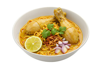 Bowl of thai khao soi curry noodle soup featuring chicken legs and lemon slices topped with fresh ingredients for an authentic taste experience isolated on white or transparent background. PNG