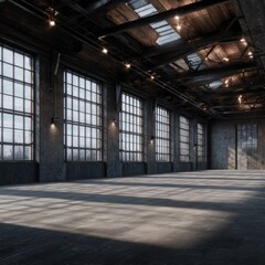 Industrial loft interior, spacious, daylight