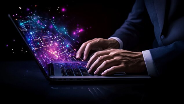 A person working on a laptop with digital graphic overlay