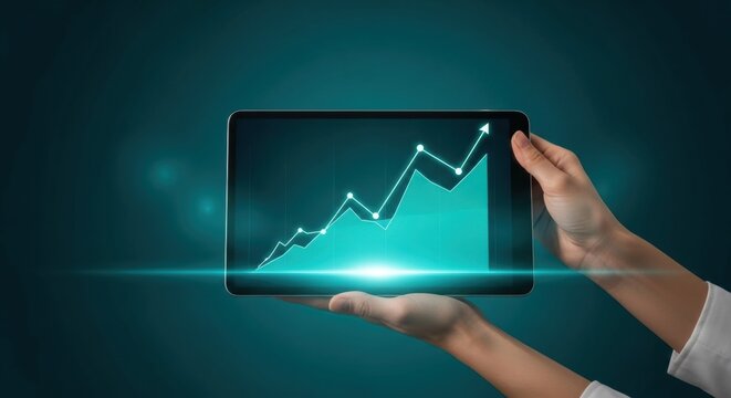 Hands Holding Tablet Displaying Teal Upward Trending Graph on Dark Teal Background