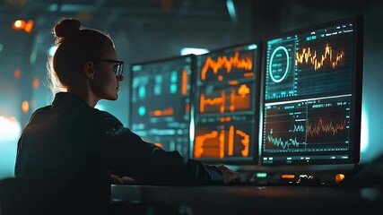 Woman with glasses analyzing financial graphs on monitors, intense focus, dark aesthetic - Powered by Adobe