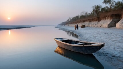 Naklejka premium Calm river scene at sunrise, a small boat moored, figures walking along the bank