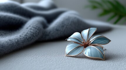 Delicate light blue flower brooch on a textured surface with a soft gray blanket in the background