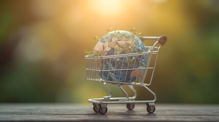 Miniature shopping cart carrying a globe with green plant sprouts, symbolizing sustainable consumption, eco-friendly shopping, global responsibility, and environmental awareness.

