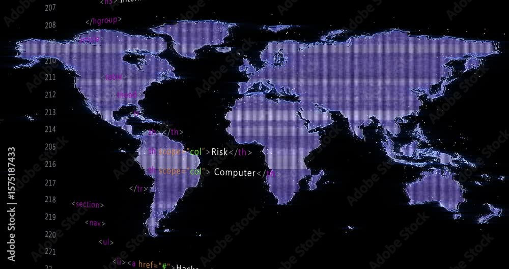 Poster on start html code fading in left, purple world map shifting into matrix visualizing cybersecurity