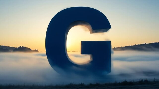 Large 3D letter G emerging from foggy landscape during sunrise with dramatic lighting and aerial perspective
