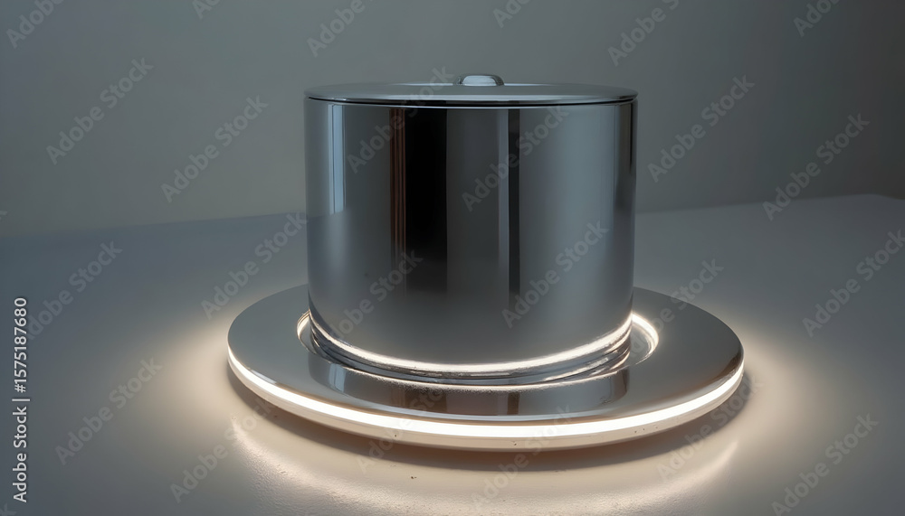 Poster modern metal object with illuminated base in studio setting