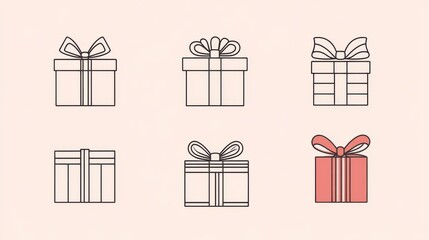 Collection of simplified present box outlines featuring diverse wrapping styles and bow configurations, monochromatic flat design approach, precise sharp edges and smooth curves, systematic