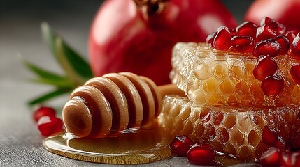Celebrating Rosh Hashanah with apples and honey surrounded by pomegranates and honeycomb blessings