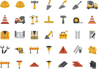 Construction Icon Set Flat Solid Design Collection of Construction Icons for Websites and Applications.  High-Quality Construction Icon Pack Featuring Various Construction Tools, Equipment.
