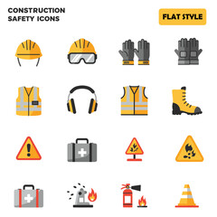 Construction Safety Icon Set Flat Solid Style Illustrations for Industrial Safety, Construction Site Guidelines, and Workplace Hazard Awareness