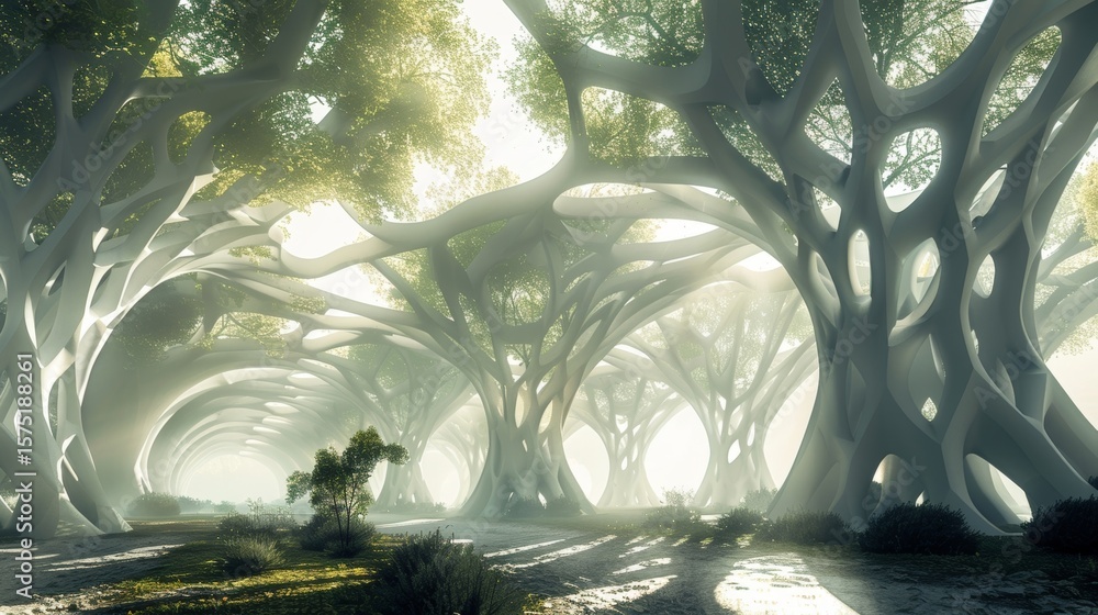 Aufkleber an abstract forest wonderland with overlapping geometric shapes forming a whimsical canopy that seem