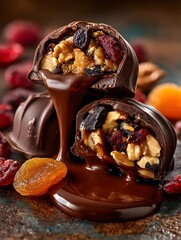 Delicious chocolate candy with a nutty and dried fruit filling invites indulgence, set against a textured surface with dried cranberries and apricot for a sweet treat experience.