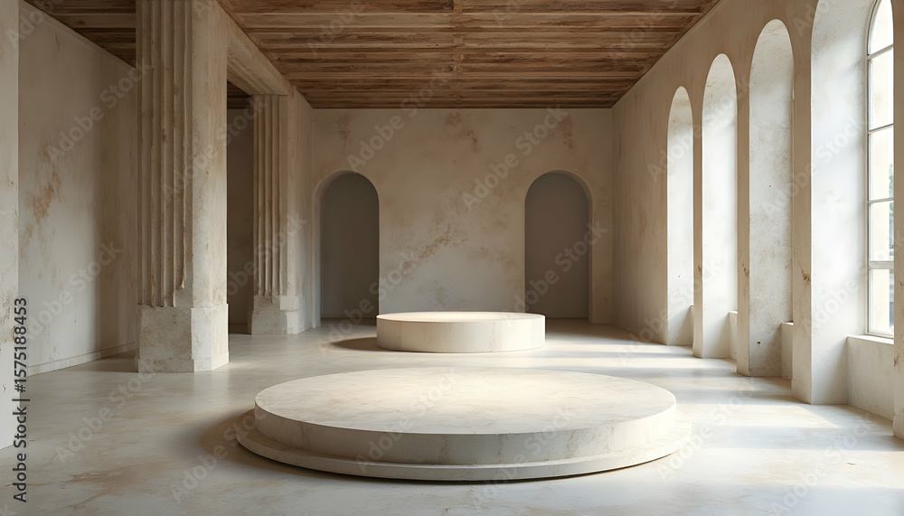 Poster empty interior space with circular platforms and architectural columns
