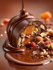 Decadent dark chocolate praline, drizzled with smooth chocolate, reveals a delicious filling of dried apricots and crunchy nuts, evoking indulgence and artisanal confectionery.