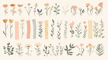 Rustic paper tape collection with delicate illustrated elements, weathered edge texture, minimal geometric doodles, simple floral motifs, hand sketched hearts, subtle stitching patterns, warm cream