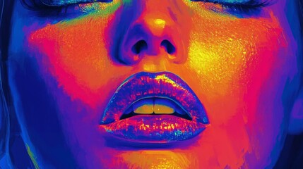 Obraz premium Vaporwave inspired pixelated feminine features, chrome effect lips and glossy eyes, retro digital art collection, holographic gradient elements, 8-bit aesthetic, geometric pixel shapes, Y2K cyber