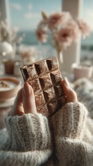 A delightful moment captured with a hand holding a delicious chocolate bar, showcasing indulgence and pleasure against a soft, aesthetic backdrop with cozy sweater.