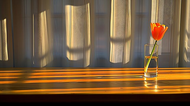 Illuminated orange tulip in a transparent vase against sunlit window curtains showcasing a - Powered by Adobe