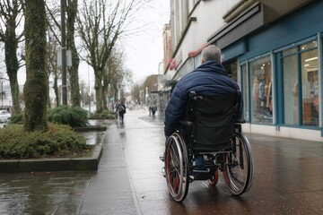 Obraz premium A man in a wheelchair travels down a wet sidewalk next to buildings and trees on an overcast day out
