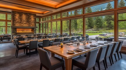 Fototapeta premium A spacious dining room with large windows offering stunning views of a serene landscape, featuring stone fireplace and wooden tables