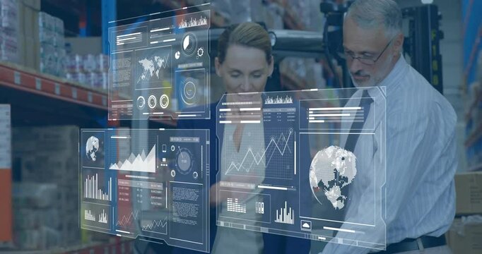 Warehouse team swiping holographic charts and adjusting forklift control optimizing distribution