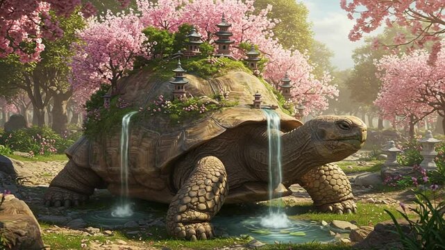 Giant tortoise with waterfalls in a cherry blossom garden