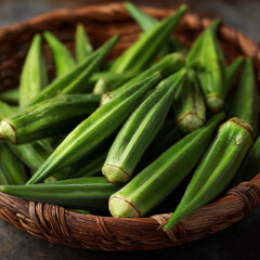 Fototapeta premium Elevate Your Culinary Creations Using Bright Fresh Okra Pods Gracefully Displayed In Sunlit Wicker Baskets