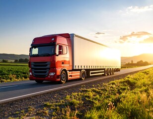 Fototapeta premium Red truck on highway at sunset