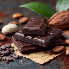 Indulge in the rich dark chocolate, a decadent treat presented with cocoa beans, powder, and a fresh green leaf, perfect for dessert lovers and culinary creations.