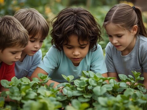 Curious children observing green plants in a garden, representing education, sustainability, environmental awareness, and early learning about nature, growth, and healthy food systems.

