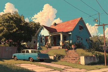 A blue house with a red roof and a blue car parked in the driveway on a sunny day with clouds